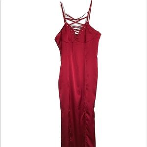 PLT Red Satin Full-Length Strappy Bondage Neckline Dress | Adjustable | 2 Slits